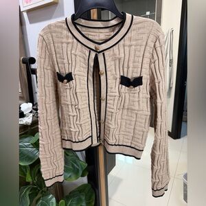 Beige Textured Knit Cardigan with Black Contrast Trim